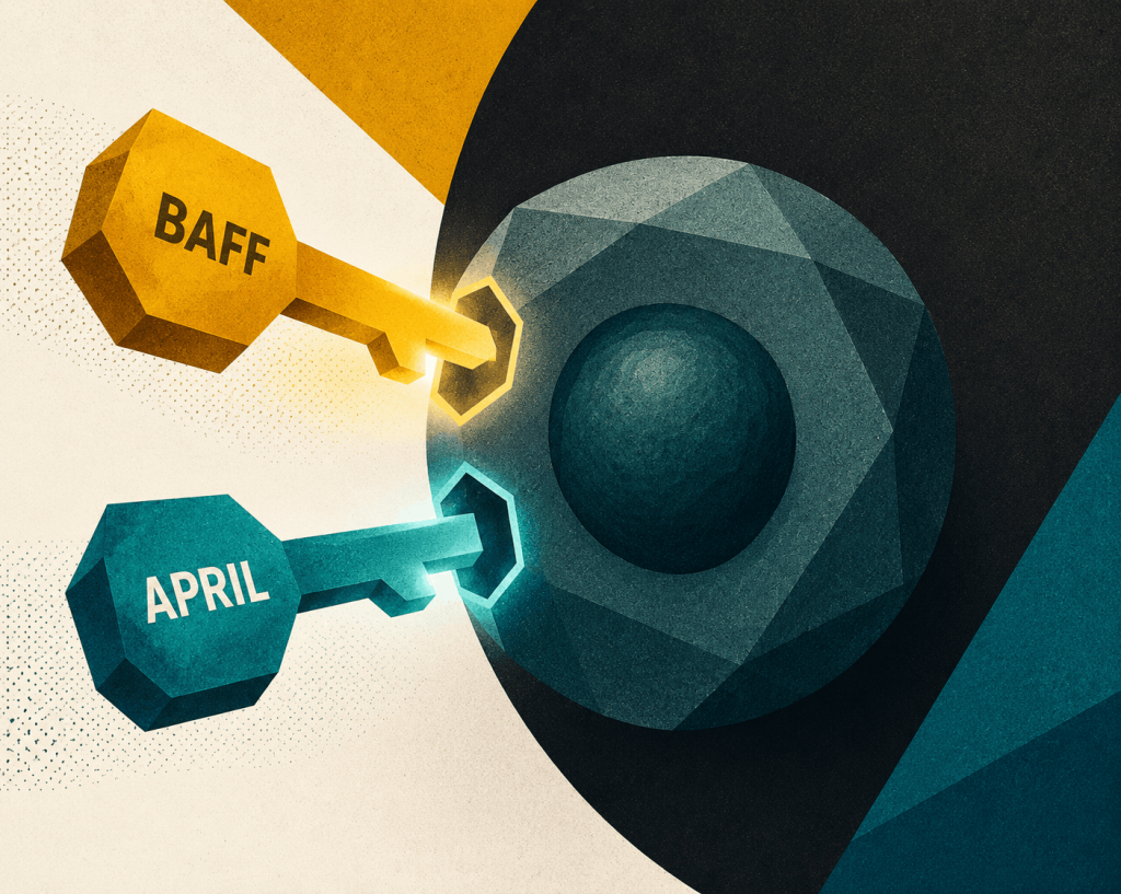 Editorial-style illustration of BAFF and APRIL signaling molecules approaching a geometric immune cell in a modern infographic design, symbolizing immune signaling targeted by atacicept for IgA nephropathy.